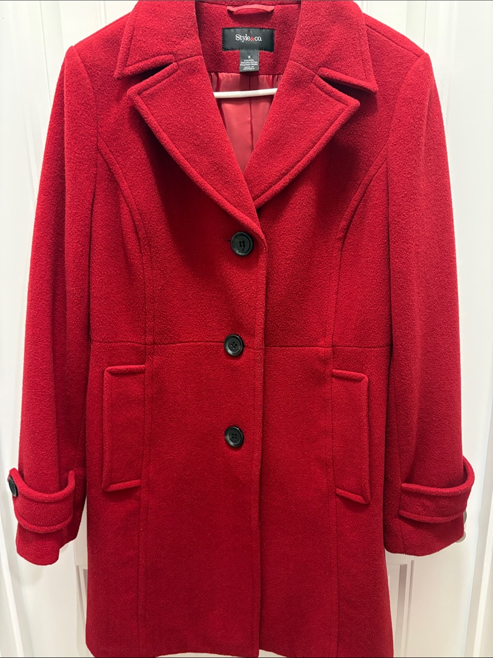 Style & Co Red Wool Blend Long Coat Women Small Button Front